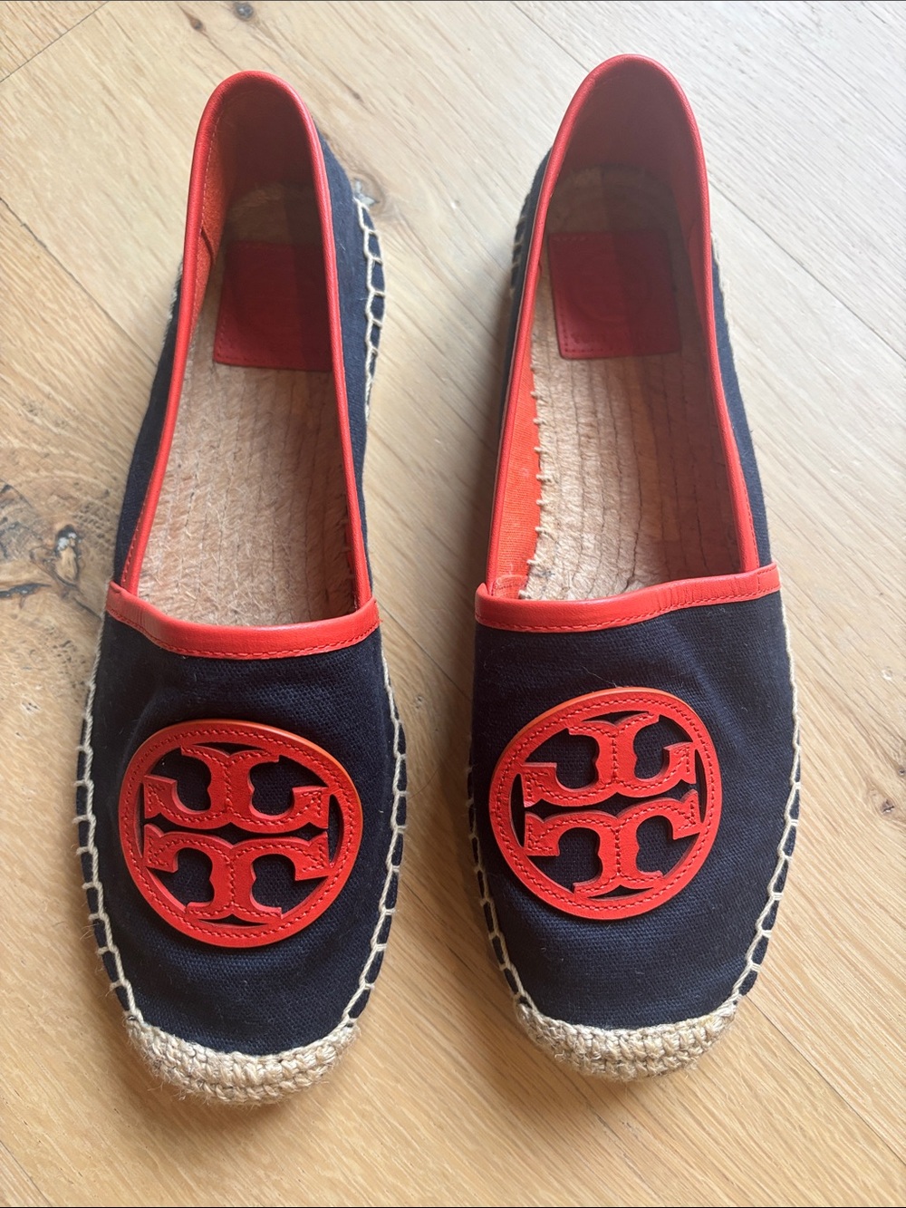 Tory Burch Navy Canvas Espadrille Flats with Orange  Trim and Logo